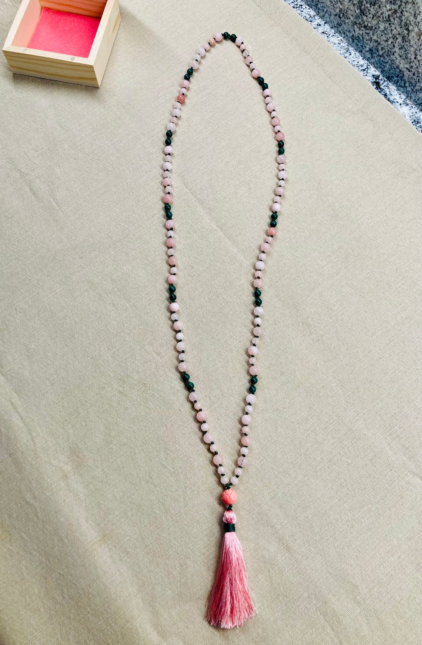 Pink Morganite + Green Malachite Mala
