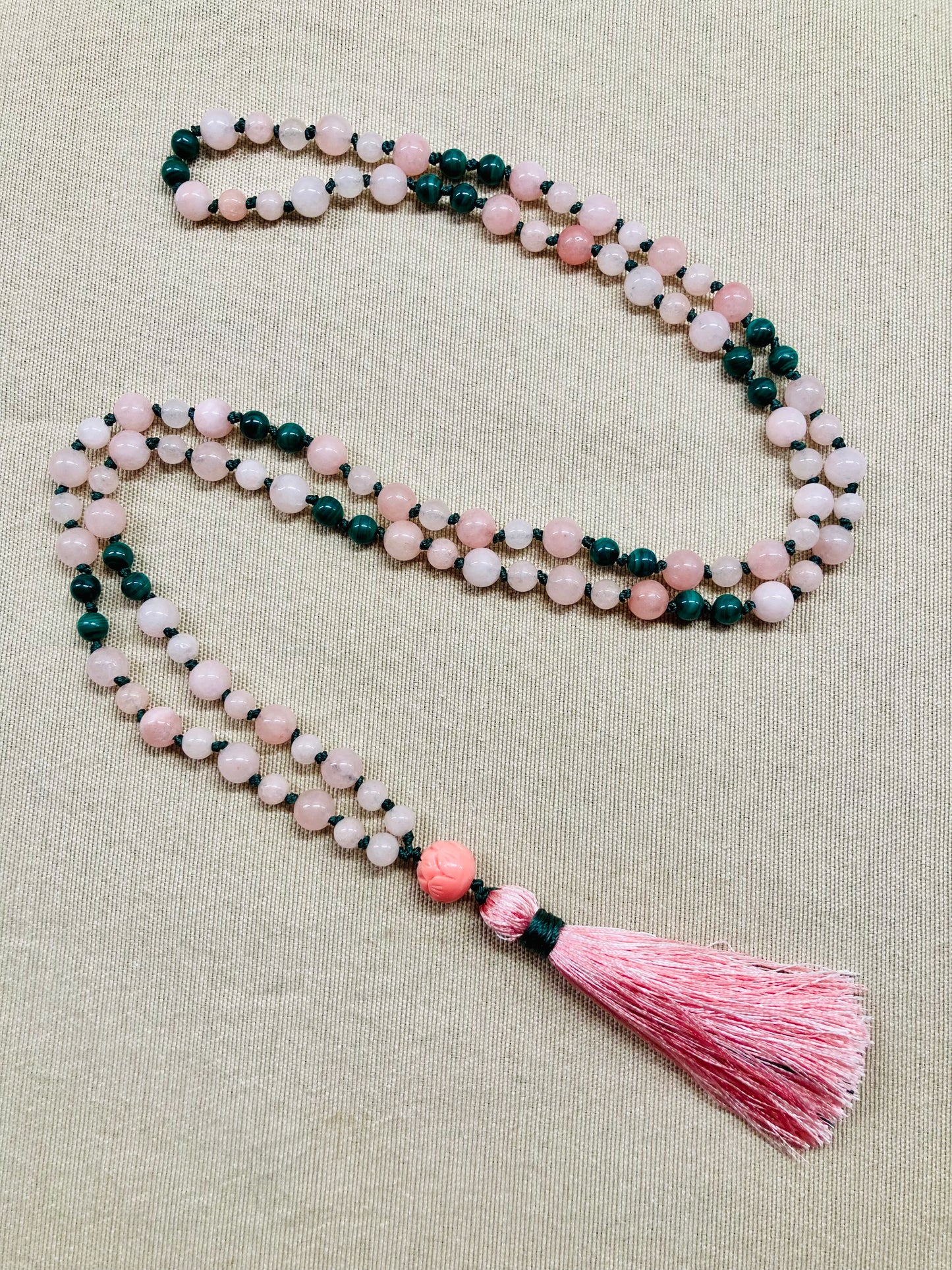 Pink Morganite + Green Malachite Mala