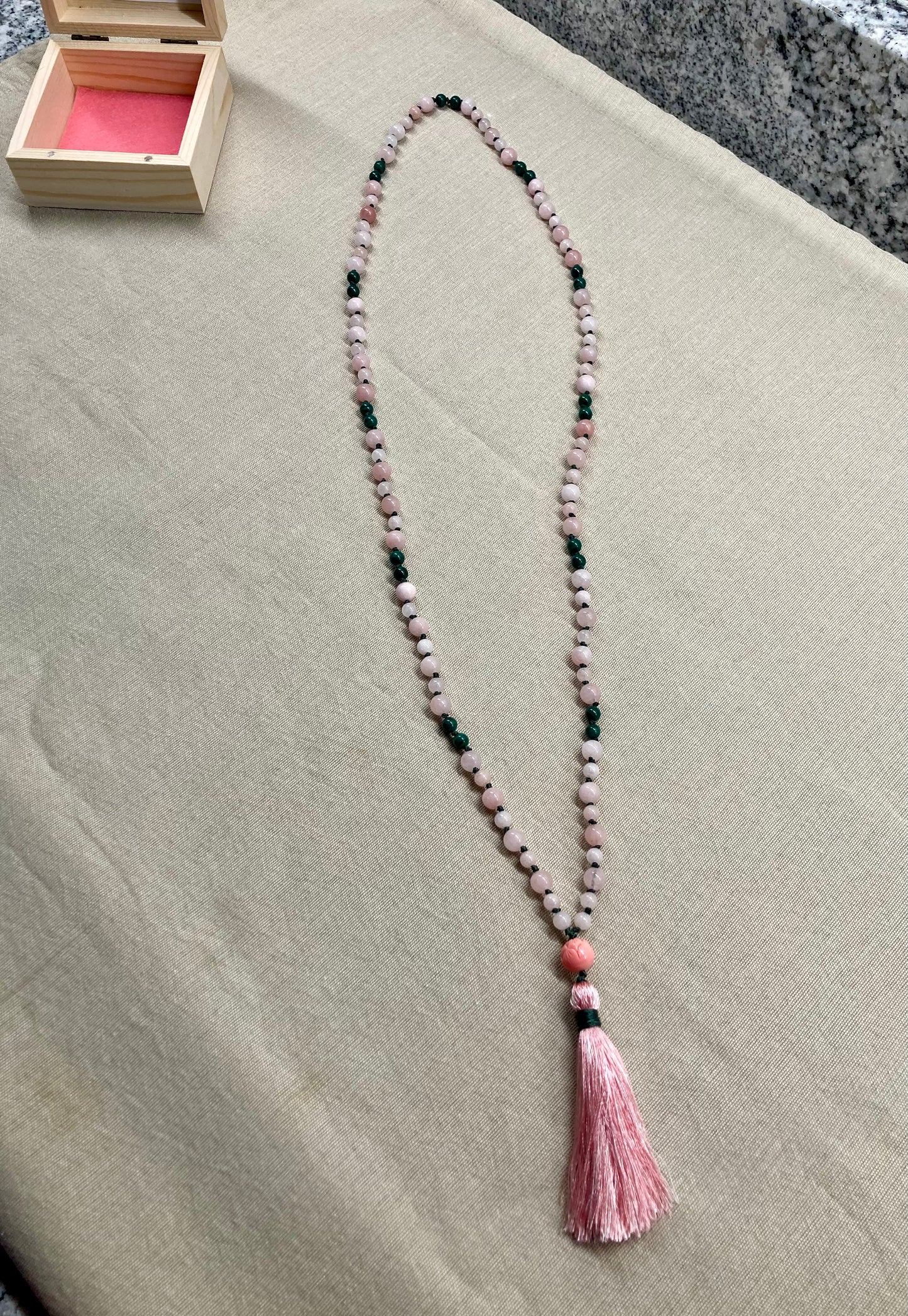 Pink Morganite + Green Malachite Mala