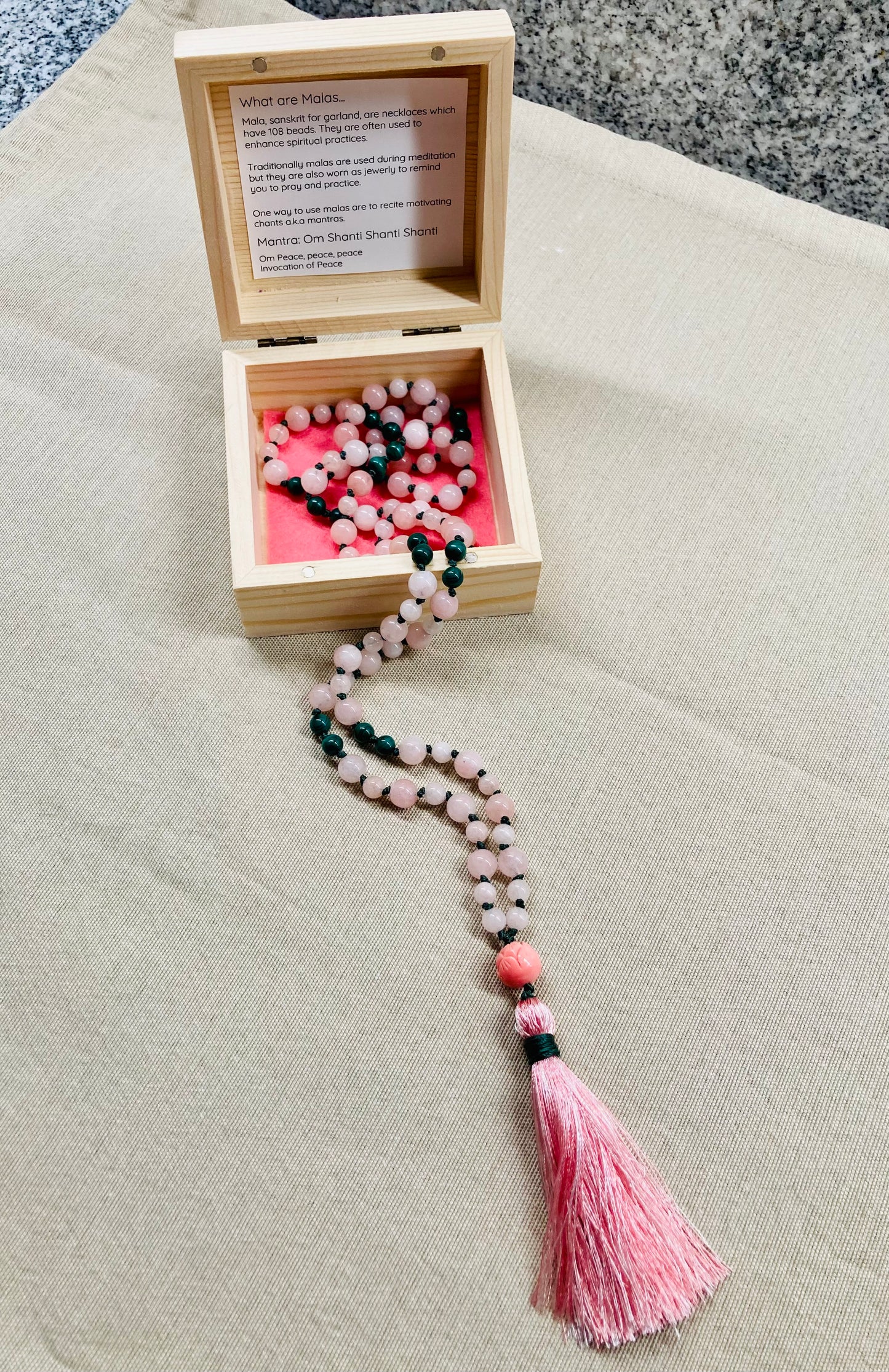 Pink Morganite + Green Malachite Mala