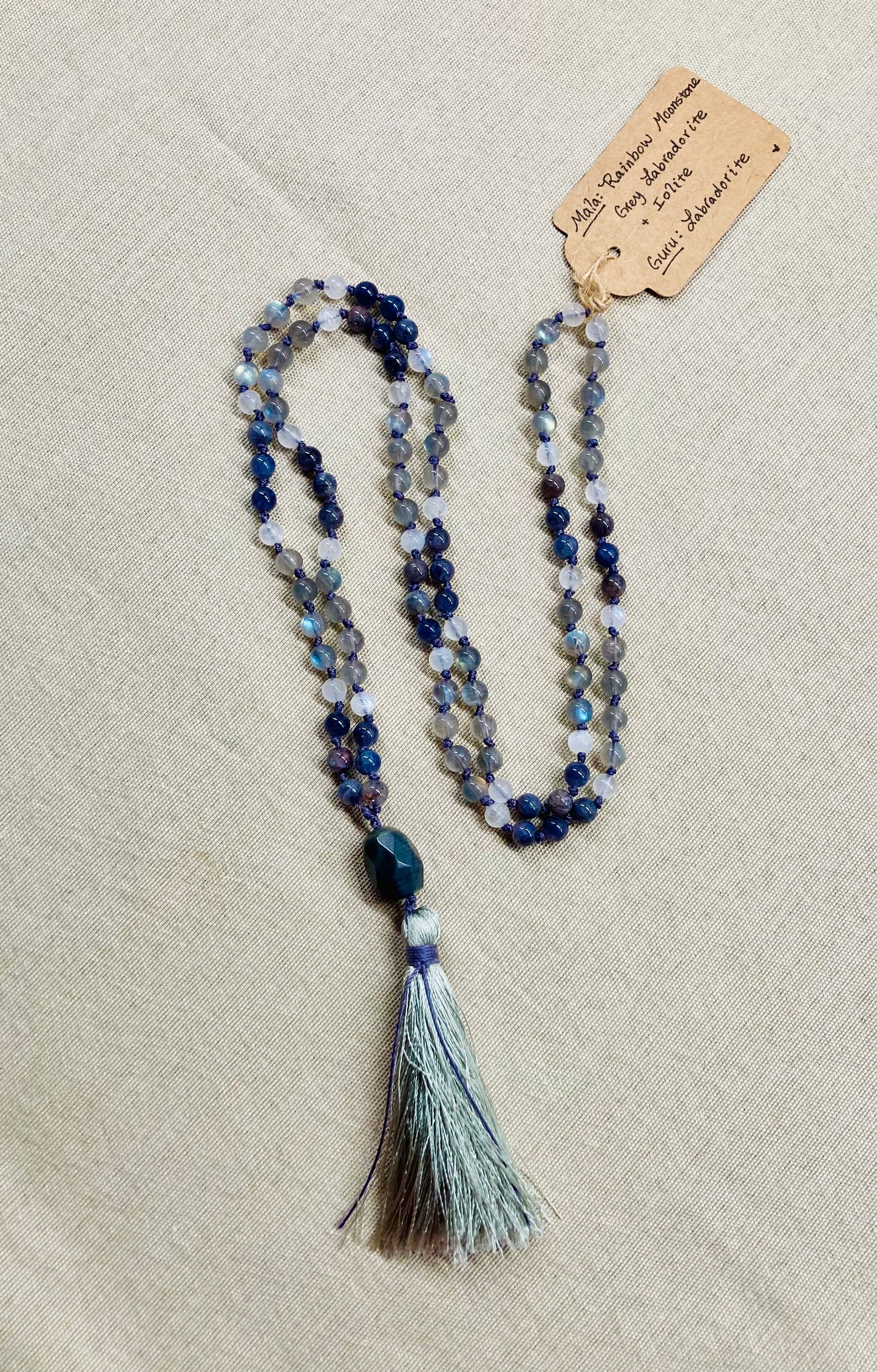 Rainbow Moonstone, Grey Labradorite + Sunstone Iolite Mala