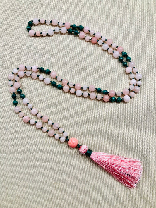 Pink Rose Quartz + Green Malachite Mala