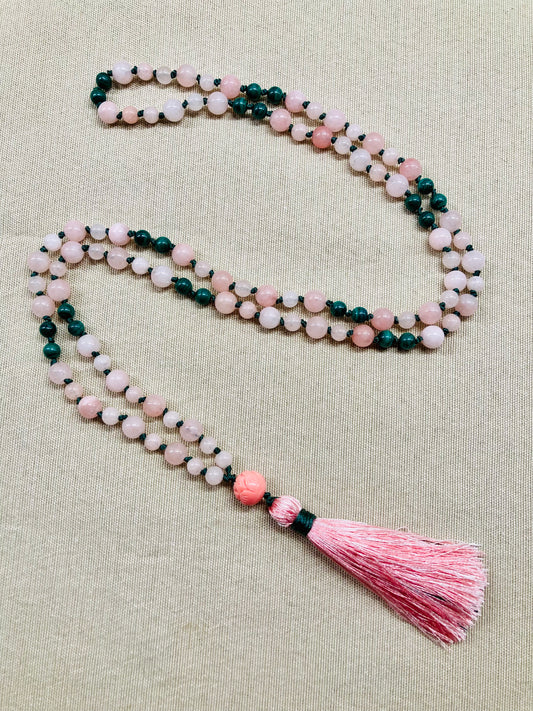 Pink Morganite + Green Malachite Mala